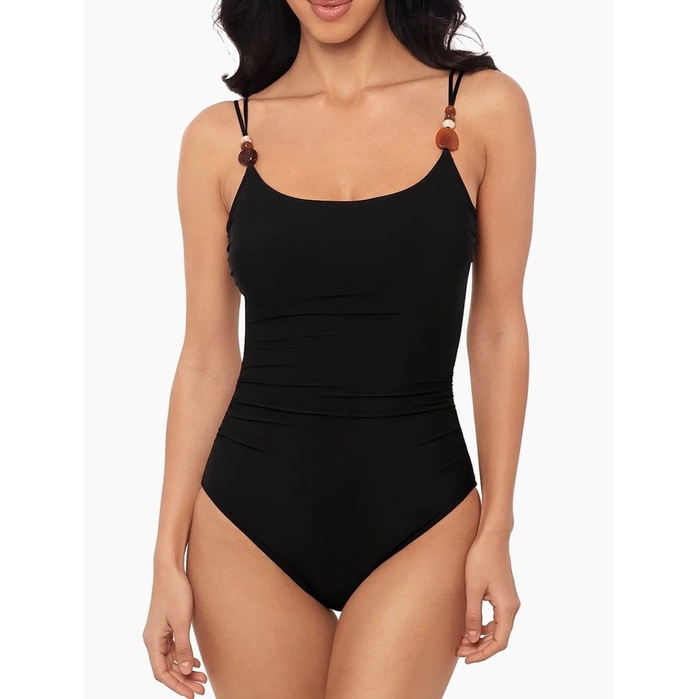 Magicsuit Women Black Ruched Beaded Strap One Piece Swimsuit Size 8 NEW $138